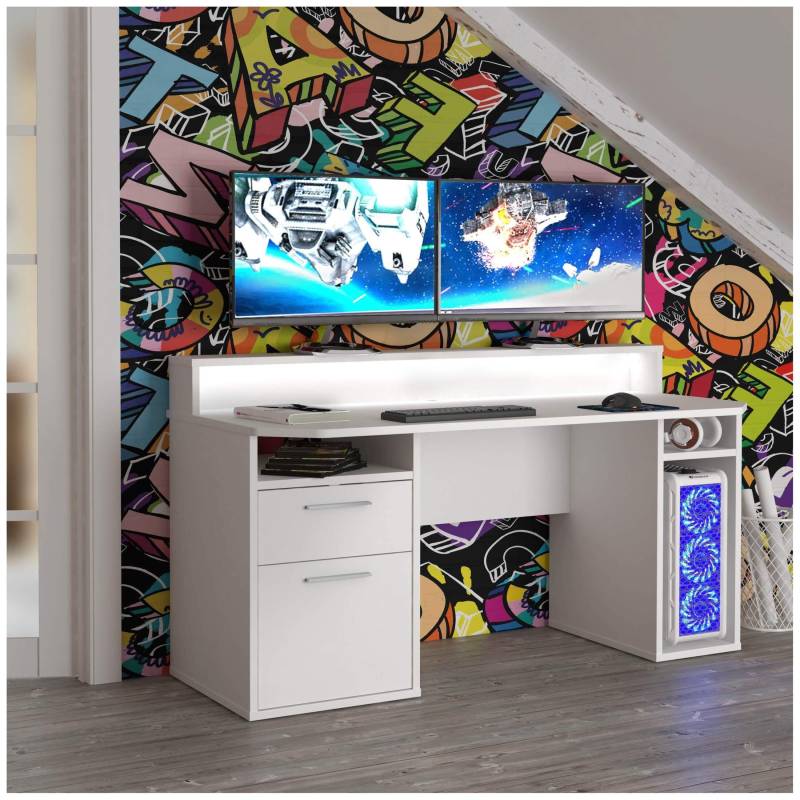 Gaming Tisch TEZAUR 3B Gamer Computertisch Weiß mit LED-Beleuchtung von Forte