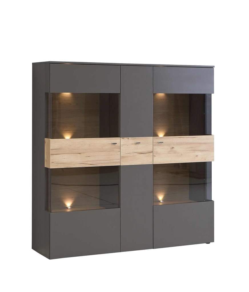 Highboard Vitrine COMO 3-trg. Optik: Grau / Planked Eiche von Forte Highboard Vitrine COMO 3-trg. Optik: Grau / Planked Eiche von Forte von Forte