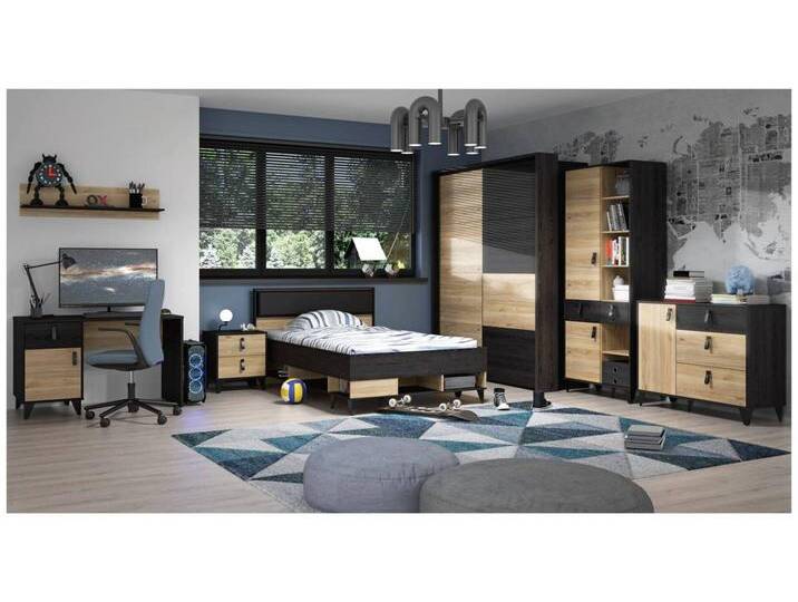Jugendzimmer LYA mit Schwebetürenschrank in Eicheoptik mit Kontrast von Forte