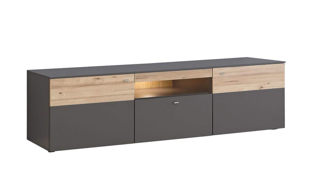 Lowboard COMO 210 cm Optik: Grau / Planked Eiche mit LED Beleuchtung von Forte