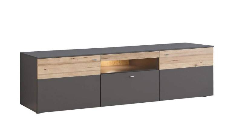 Lowboard COMO 210 cm Optik: Grau / Planked Eiche mit LED Beleuchtung von Forte