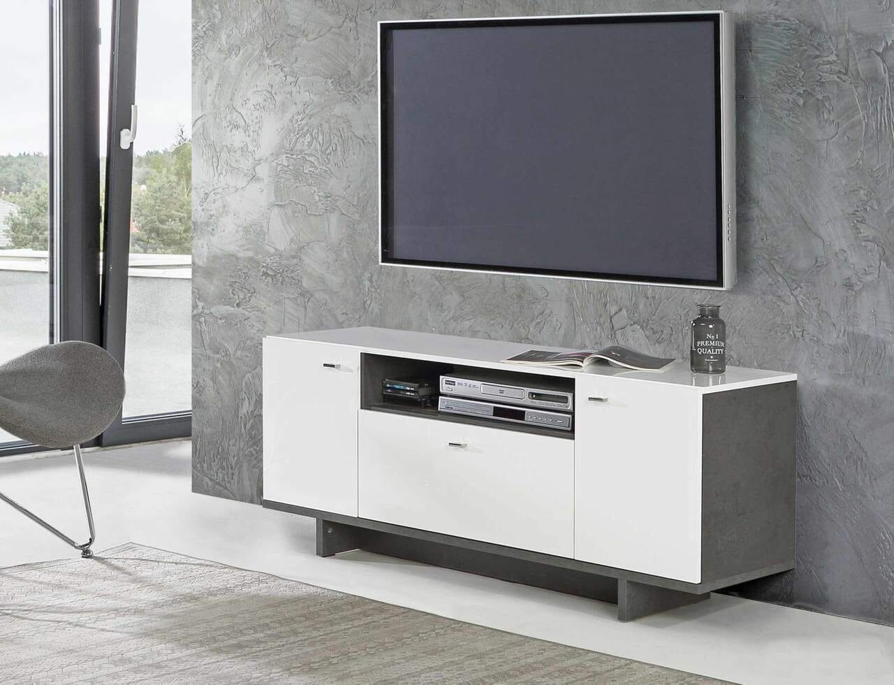 Lowboard MAKARIA 2 Türen TV-Kommode in Betonoptik / Weiß glänzend von Forte