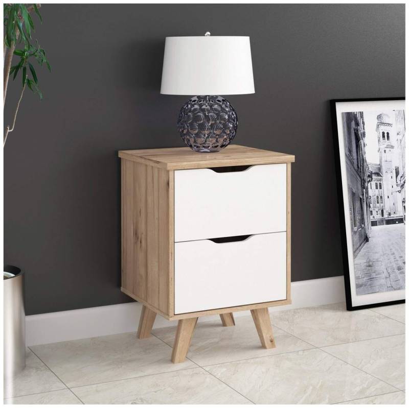 Nachtkommode Nachttisch VANKKA 2 Schubladen in Plankeneiche / Weiß von Forte