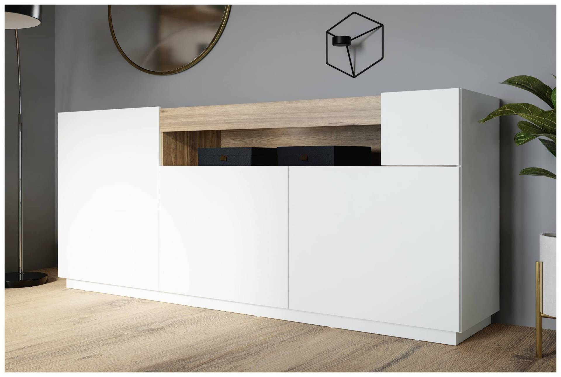Sideboard LEWISVILLE Kommode mit 3 Türen Dekor Hellgrau / Valencia Oak von Forte