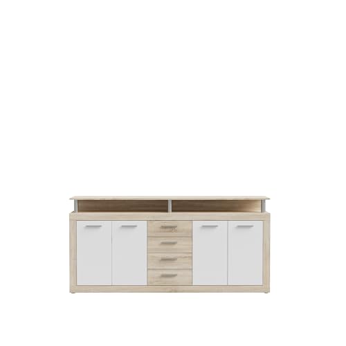 FORTE Cava Kommode mit 4 Türen, 4 Schubladen und Aufsatz, Holzwerkstoff, Sonoma Eiche Dekor mit Weiß, B x H x T: 197,5 x 94,4 x 36,3 cm von Forte