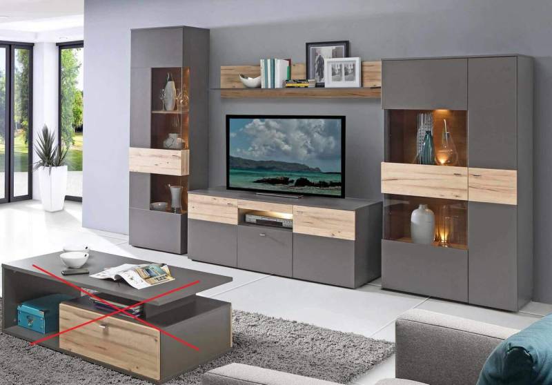 Wohnzimmerschrank COMO Grau mit Planked Eiche von Forte mit LED von Forte