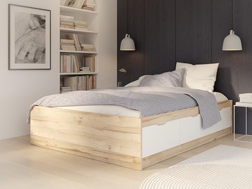 finlandek Bett für Erwachsene, skandinavisches Vankka, Dekor Eiche und Weiß, matt, 140 x 190 cm von Forte