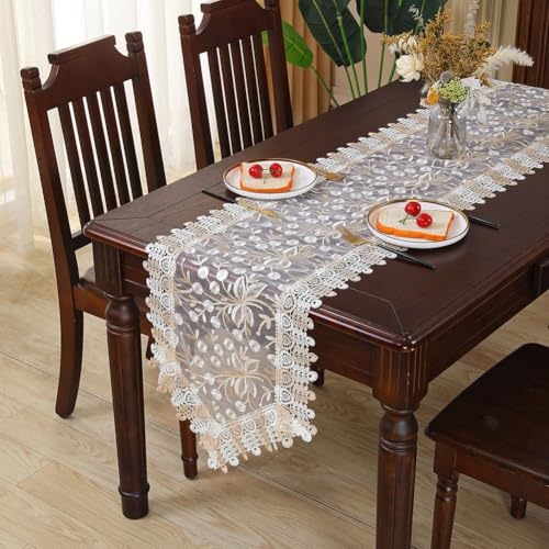 Esszimmer-Spitze für Tischläufer, elegante Stickerei mit Quasten-Akzenten für Dekorationsstil (40 x 90 cm) von FortunateSweet