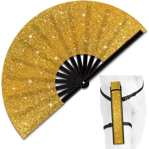 Glitzer, faltbarer Handfächer mit Gürtelholster, für Festival, Party und Outdoor, leicht und tragbar für Kühlung (goldener Glitzer-Fan) von FortunateSweet