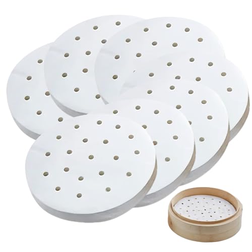 FortuneGlobe 200 Stück perforiertes Papier, 25.5 cm, aus Bambus, zum Dampfgaren und Dampfgaren, 200 Stück, Pergamentpapier, antihaftbeschichtet, wie Dim Sum, Luftfritteuse von FortuneGlobe