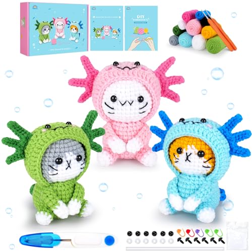 Axolotl Häkelset für Anfänger mit Video, Katze Häkelset Cosplay Axolotl Tier Strickset Häkeln Tier Kit Komplett Katze Häkeln Katze Häkeln Starter Kit Tier Set Anfänger Häkelset von Fortuning's JDS