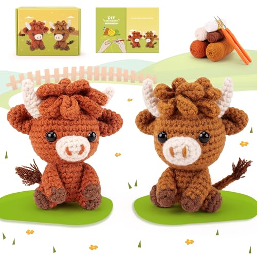 Häkelset für Anfänger Strickset für Anfänger Erwachsene Hochland Kuh Häkeln Tier Kit Strickset mit Anleitung Hochlandrinder Häkelset Komplett Tier Häkeln, Häkeln Starter Kit Tier Set Anfänger Häkeln von Fortuning's JDS