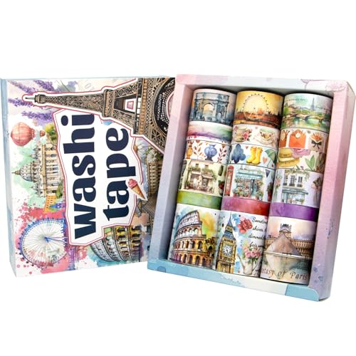 Forwaarss 18 Rollen Washi Tape Set - Vintage Scenic Architecture Theme Dekorative Masking Tape Farbige Muster, Vintage Adhesive Artists Tapes von Forwaarss