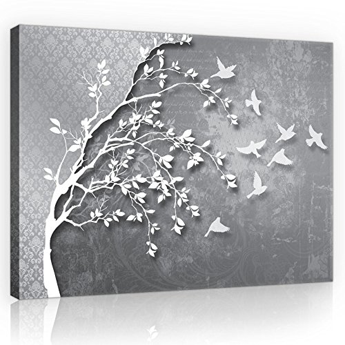 Forwall Bilder Canvas Silber Baum Vögel Modern Schlafzimmer Wohnzimmer Leinwandbilder Wandbild Kunstdruck Wandbilder Wand Bild auf Leinwand Aufhängefertig (10231, O6 (80 x 60 cm)) von Forwall