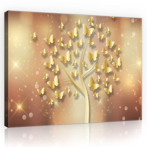 Forwall Bilder gold Baum Schmetterlinge Abstrakt Modern Schlafzimmer Wohnzimmer Leinwandbilder Wandbild Kunstdruck Wandbilder Wand Bild auf Leinwand Aufhängefertig (10061, O6 (80 x 60 cm)) von Forwall