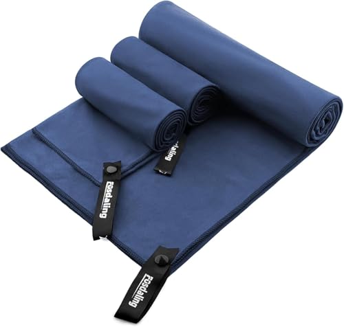 Fosdaling Mikrofaser Handtuch 3er Set - Groß 180×90cm & 2 Klein 80×40cm, Schnelltrocknend Microfaser Sporthandtuch, für Badetuch, Reisehandtuch, Fitness & Sport Handtücher & Strandtuch (Dunkelblau) von Fosdaling