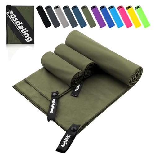 Fosdaling Mikrofaser Handtuch 3er Set - Groß 180×90cm & 2 Klein 80×40cm, Schnelltrocknend Microfaser Sporthandtuch, für Badetuch, Reisehandtuch, Fitness & Sport Handtücher & Strandtuch (Armeegrün) von Fosdaling