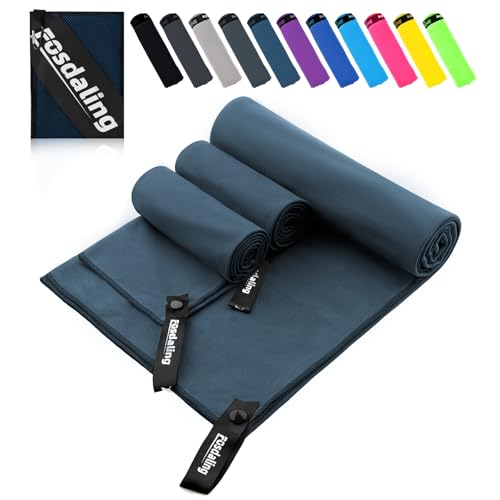 Mikrofaser Handtuch 3er Set - Groß 200×100cm & 2 Klein 80×40cm, Schnelltrocknend Microfaser Sporthandtuch, für Reisehandtuch, Badetuch, Fitness & Sport Handtücher und Strandtuch (Dunkelblau) von Fosdaling