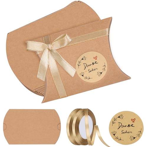 Foshird 50 Stück Kissen Geschenkboxen Kraftpapier mit Danke Aufkleber Satinband Gold - Gastgeschenke Taufe Dankeschön Geschenke Klein Geschenkschachtel Kissenschachtel für Süßigkeiten Schokolade Kekse Foshird 50 Stück Kissen Geschenkboxen Kraftpapier mit Danke Aufkleber Satinband Gold - Gastgeschenke Taufe Dankeschön Geschenke Klein Geschenkschachtel Kissenschachtel für Süßigkeiten Schokolade Kekse von Foshird