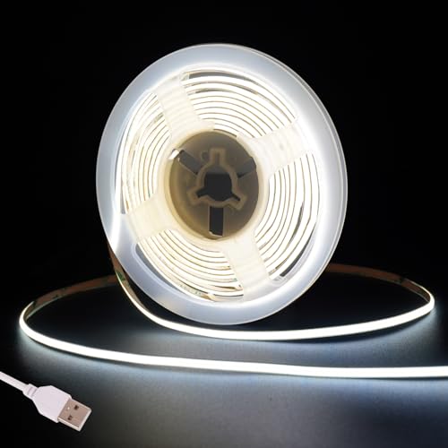 Fosingut COB LED Streifen 3m,5V USB LED Strip Kaltweiß,4mm 6500K CRI 90+ 480 LEDs/m Lichtleiste LED Band Selbstklebend Stripes für Küche,TV LED Hintergrundbeleuchtung,Spiegel,PC,Schlafzimmer von Fosingut