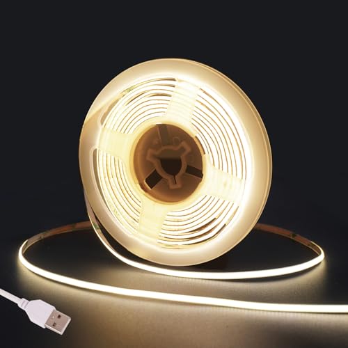 Fosingut COB LED Streifen 3m,5V USB LED Strip Naturweiß 4mm,4000K CRI 90+ 480 LEDs/m Lichtleiste LED Band Selbstklebend Stripes für Küche,TV LED Hintergrundbeleuchtung,Spiegel,PC,Schlafzimmer von Fosingut