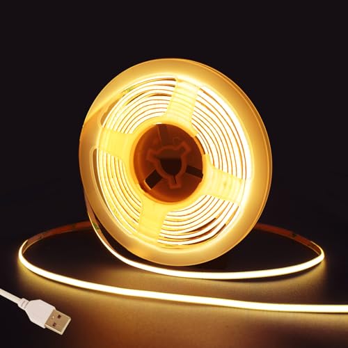 Fosingut COB LED Streifen 3m,5V USB LED Strip Warmweiss,4mm 3000K CRI 90+ 480 LEDs/m Lichtleiste LED Band Selbstklebend Stripes für Küche,TV LED Hintergrundbeleuchtung,Spiegel,PC,Schlafzimmer von Fosingut