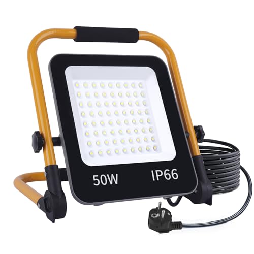 Fosingut LED Baustrahler 50W,5000LM LED Strahler Arbeitsleuchte mit Ständer/2m Kabel/EU Stecker/Kaltweiß Baulampe Flutlicht,IP66 Wasserdicht Werkstattlampe Arbeitsscheinwerfer für Garage,Keller von Fosingut