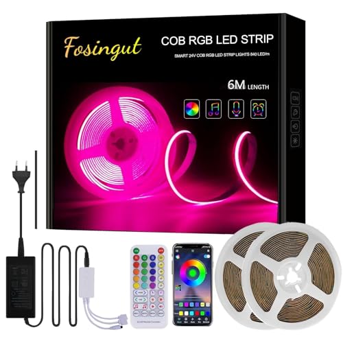 Fosingut LED Strip 6M RGB COB LED Streifen, 840LED/M Musik Sync Smart LED Lichterkette Band Lichtleiste,24V Dimmbar Indirekte Beleuchtung Wand led TV Hintergrundbeleuchtung für Küche Bett Zimmer Deko von Fosingut