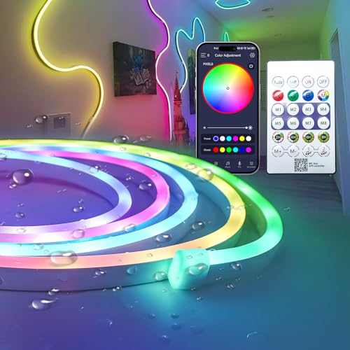 Fosingut Neon LED Strip 3m,5V USB RGB-IC LED Streifen mit Fernbedienung und APP-Steuerung/Musik Sync/Timerspeicher,Wasserdicht Neon Leiste Band Lichterkette Außen für Gaming Deko,TV,Party,Zimmer von Fosingut