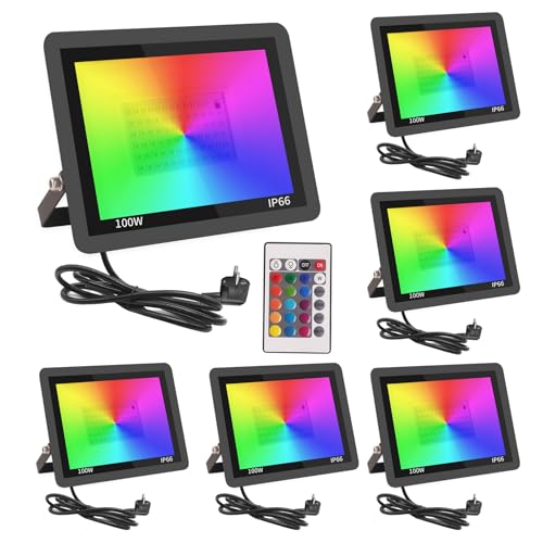 Fosingut RGB LED Strahler Außen 100W,6 Stück Dimmbar LED Scheinwerfer Mit Fernbedienung,IP66 Wasserdicht Farbwechsel Fluter Disco Partylicht Stimmungslicht für Weihnachten,Halloween,Bar,DJ,Feiern,Bühn von Fosingut