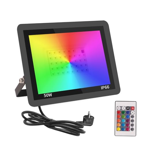 Fosingut RGB LED Strahler Außen 50W,4 Modi Dimmbar LED Scheinwerfer Mit Fernbedienung,IP66 Wasserdicht Farbwechsel Fluter Disco Partylicht Stimmungslicht für Weihnachten,Halloween,Bar,DJ,Feiern,Bühne von Fosingut