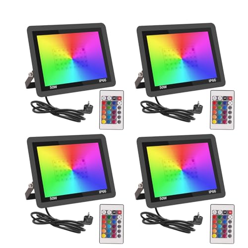 Fosingut RGB LED Strahler Außen 50W,4 Stück Dimmbar LED Scheinwerfer Mit Fernbedienung,IP66 Wasserdicht Farbwechsel Fluter Disco Partylicht Stimmungslicht für Weihnachten,Halloween,Bar,DJ,Feiern,Bühne von Fosingut