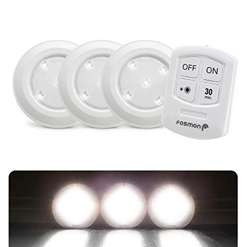 Fosmon Wireless LED Puck Light 3er-Pack mit Fernbedienung [5 weiße Tageslicht-LEDs, breiter Flutlicht, 30-Minuten-Timer, batteriebetrieben] Küchenschrank/Pantry von Fosmon