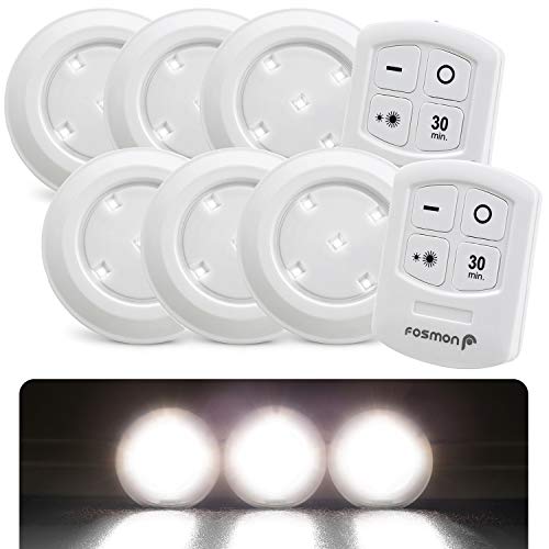 Fosmon Wireless LED Puck Light 6er-Pack mit Fernbedienung [5 weiße Tageslicht-LEDs, breiter Flutlicht, 30-Minuten-Timer, batteriebetrieben] Küchenschrank/Pantry von Fosmon