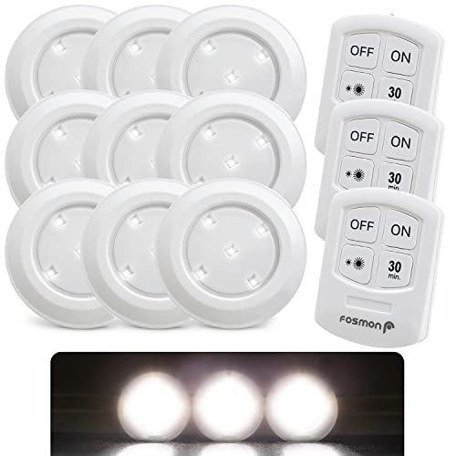 Fosmon Wireless LED Puck Light 9er-Pack, Schrankbeleuchtung, Batteriebetriebene Spots, Nachtlicht Mit Batterie, Dimmbar Mit Akku, Fernbedienung und Timing-Funktion von Fosmon