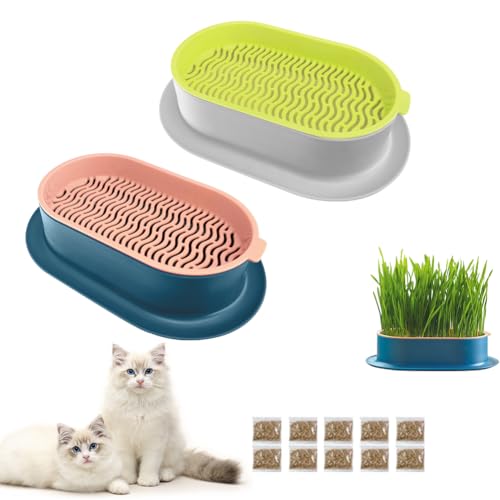 Fosoloni 2 Stück Katzengras Schale, Tablett Katzengras, Pflanzset für Katzen, Samen Keimung Tablett, Katzengras Wachstumsset, Futterstation mit Katzengrasf ür Garten Home Office von Fosoloni