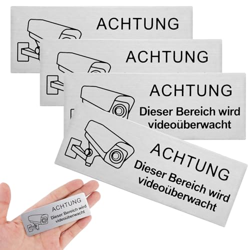 Fosoloni Schild Videoüberwachung 4 Stück, 8.5x3 cm Aluminium Achtung,Selbstklebend Aluminium Schild Warnschild, Hinweisschild Achtung Videoüberwachung Privatgrundstück, Rostfrei von Fosoloni