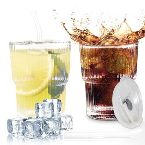 Fosoloni 2 Stück Glasbecher mit Deckel und Strohhalm 400ml, Geriffelte Glasbecher, Eiskaffee Gläser,Kaffeegläser Cappuccino Tassen, Glas Teegläser mit Trinkhalm, Luftdicht Wasserdicht Trinkgläser Tee von Fosoloni