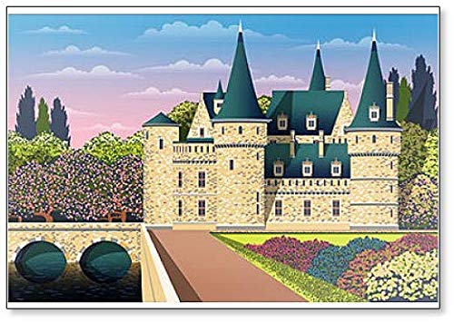Kühlschrankmagnet, französisches mittelalterliches Schloss mit Brücke, Park, blühende Sträucher und Bäume von Foto Magnets