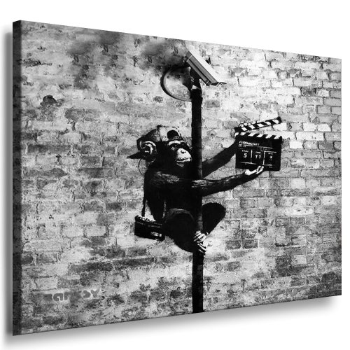 Fotoleinwand24 - Banksy Graffiti Art Affentheater / AA0086 / Bild auf Keilrahmen/Schwarz-Weiß / 100x70 cm von Fotoleinwand24