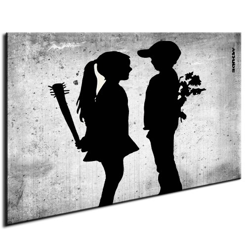 Fotoleinwand24 - Banksy Graffiti Art Boy Meets Girl / AA0094 / Bild auf Keilrahmen/Schwarz-Weiß / 80x60 cm von Fotoleinwand24