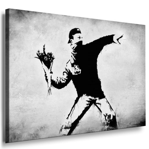 Fotoleinwand24 - Banksy Graffiti Art Flower Thrower / AA0102 / Bild auf Keilrahmen/Grau / 150x100 cm von Fotoleinwand24