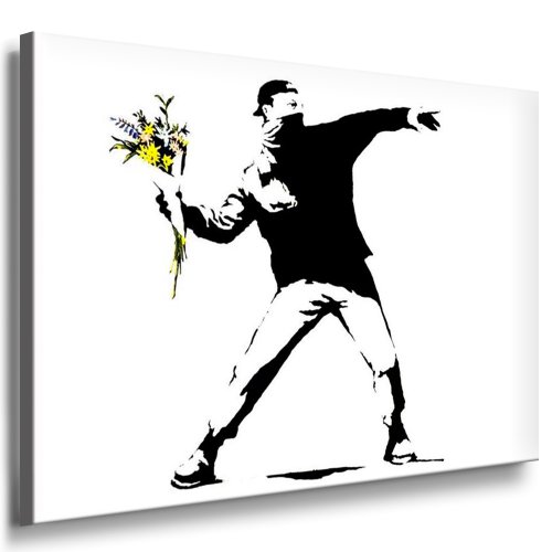 Fotoleinwand24 - Banksy Graffiti Art Flower Thrower / AA0102 / Bild auf Keilrahmen/Schwarz-Weiß / 80x60 cm von Fotoleinwand24