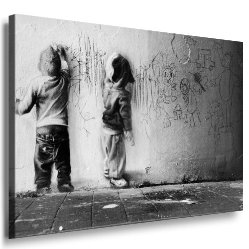 Fotoleinwand24 - Banksy Graffiti Art Kids Painting / AA0108 / Bild auf Keilrahmen/Schwarz-Weiß / 120x80 cm von Fotoleinwand24