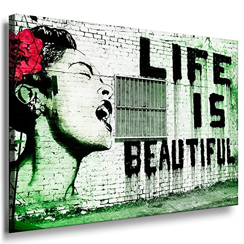 Fotoleinwand24 - Banksy Graffiti Art Life is Beautiful / AA0109 / Bild auf Keilrahmen/Grün / 100x70 cm von Fotoleinwand24