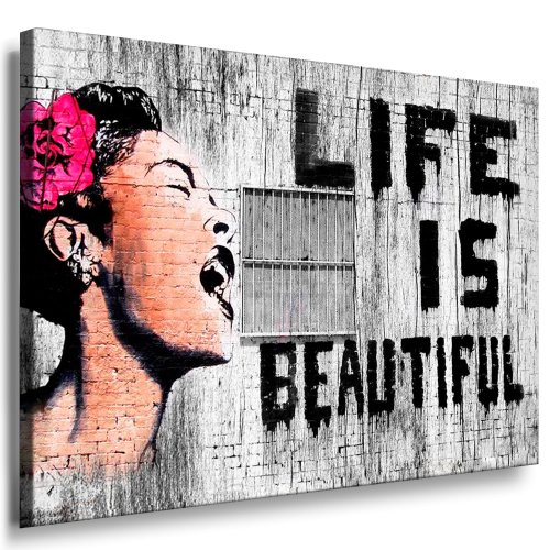 Fotoleinwand24 - Banksy Graffiti Art Life is Beautiful / AA0109 / Bild auf Keilrahmen/Orange / 150x100 cm von Fotoleinwand24