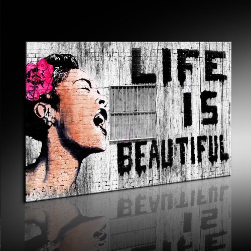 Fotoleinwand24 - Banksy Graffiti Art Life is Beautiful / AA0109 / Bild auf Keilrahmen/Schwarz-Weiß / 100x70 cm von Fotoleinwand24