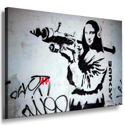 Fotoleinwand24 - Banksy Graffiti Art Mona Lisa with Weapon / AA0111 / Bild auf Keilrahmen/Grau / 60x40 cm von Fotoleinwand24