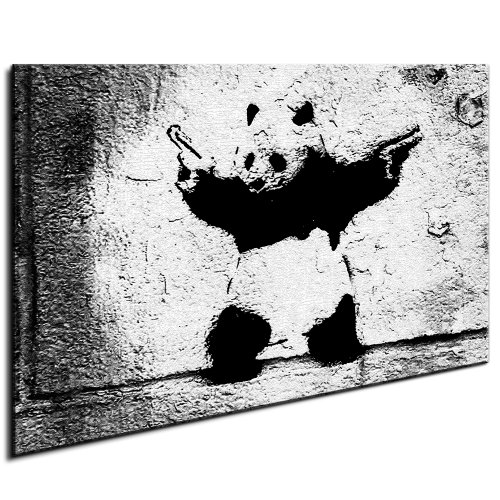 Fotoleinwand24 - Banksy Graffiti Art Panda with Handguns / AA0116 / Bild auf Keilrahmen/Schwarz-Weiß / 100x70 cm von Fotoleinwand24