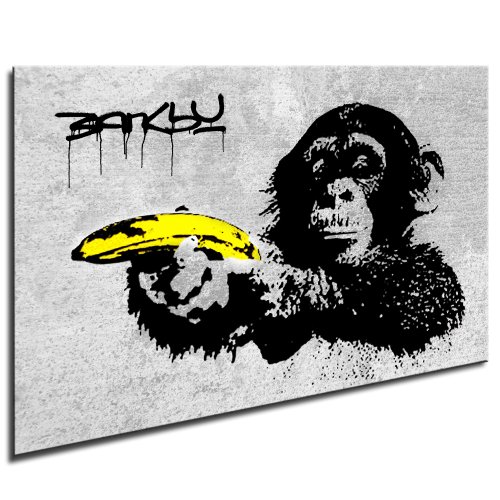 Fotoleinwand24 Bild auf Leinwand Banksy Graffiti Art Monkey Banana / XXL Wandbilder und Kunstdrucke auf Leinwand Bilder fertig gerahmt auf Holzrahmen - GRÖSSE WÄHLBAR !! kein Poster oder Plakat / Günstiger als Ölbild Gemälde / Leinwandbilder, Keilrahmenbilder N- 561 (Bild - S/W 120x80cm) von Fotoleinwand24